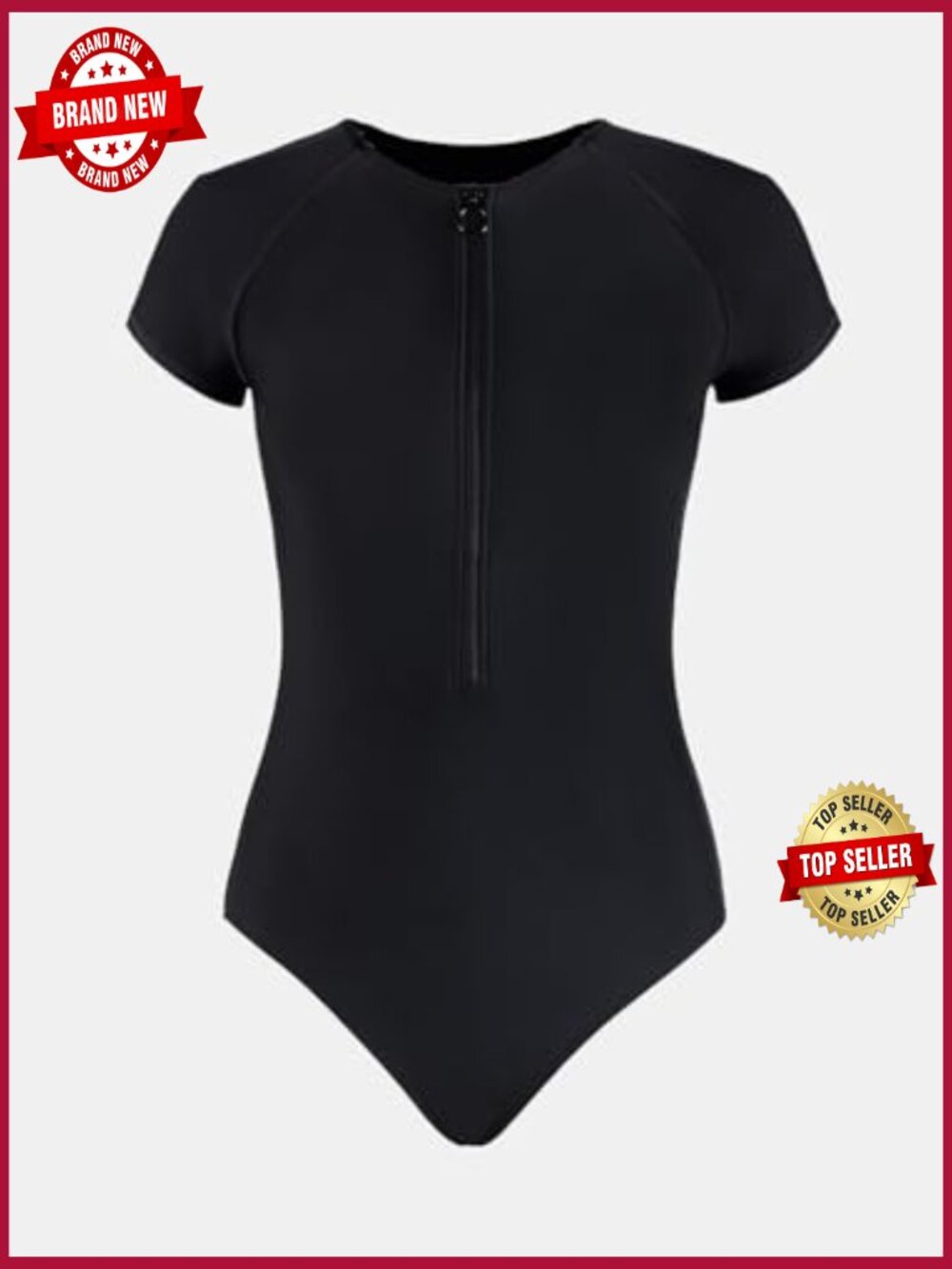 Mock Neck Zip Front Short Sleeve One Piece Swimsuit - Picture 4 of 7
